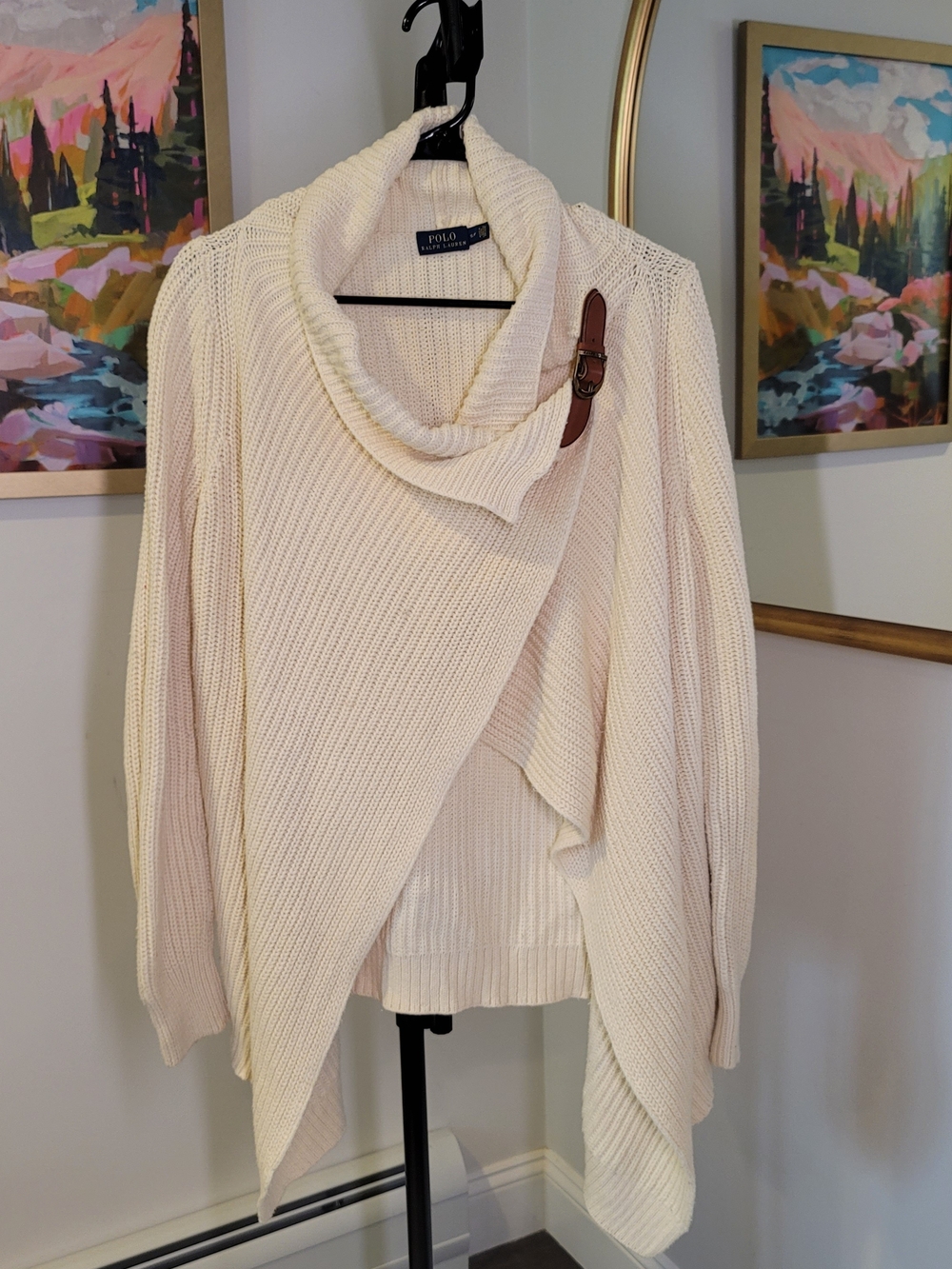 POLO Ralph Lauren Cotton Cable Knit Poncho Leather Buckle Detail Women's Size S